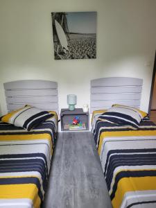 two twin beds in a bedroom with a picture on the wall at Terrasses du lac appt in Aureilhan