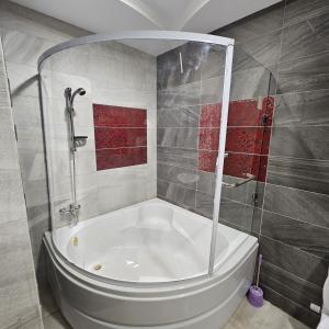 Una bañera blanca en un baño con ducha. en الاقصر, en Luxor