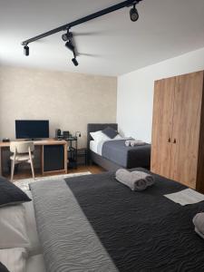 una camera da letto con due letti e una scrivania con un computer di Hotel Grand a Chlumec nad Cidlinou