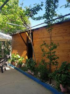una casa in legno con piante di fronte di Guesthouse Rusto a Gjirokastër