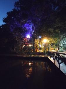a park at night with a picnic table and a pond at Chalet del lago Don Asterio in Ciudad del Este