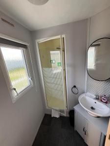 ein Badezimmer mit Waschbecken und Spiegel in der Unterkunft Meadow View 158 - Golden Palm, Pet friendly, WiFi, bed linen - Meadow Lakes Caravan & Lodge Hire in Skegness