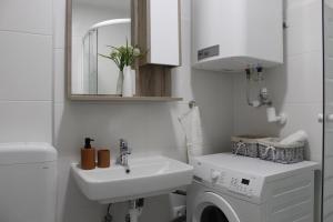 Un baño blanco con lavabo y lavadora. en NiDalia Apartment in Graz, en Graz 20 fotos más