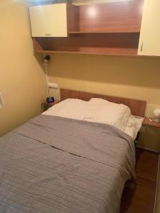 Saint-Thomas-en-RoyansにあるMobilhome Destinea 6 - 7 personnesの木製のヘッドボードが付いたベッドのある寝室