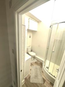 a bathroom with a glass shower and a toilet at Lovely place in Seaham GO69OOD in Seaham +8 photos