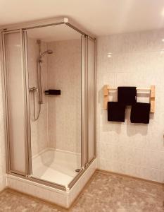 a shower with a glass door in a bathroom at Ferienwohnung Leadro in Kurort Oberwiesenthal +32 photos