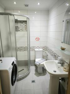 a bathroom with a shower and a toilet and a sink at Dimitra's Family Apartments 1 in Paradisos +16 photos