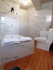 Un baño blanco con inodoro y lavabo. en Comfortable Lodge, en San Antonio