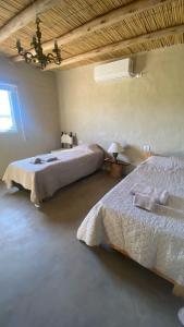 een slaapkamer met twee bedden en een raam bij Finca La Dionisia in Tinogasta