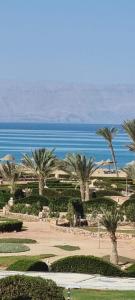a view of a resort with palm trees and the ocean at Chalet Rivera Beach 1 - Ras Sedr beach شالية راس سدر اجمل الشواطى ريفيرا in Ras Sedr