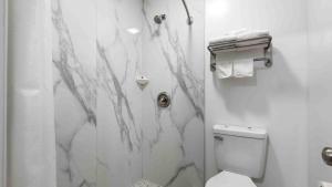 a white bathroom with a shower and a toilet at Motel 6 Hickory NC in Hickory +18 photos