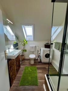a bathroom with a toilet and a sink and a washing machine at Ferienwohnung Ostseefeuer in Eutin +80 photos