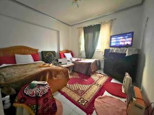 a bedroom with a bed and a flat screen tv at Gadou Rooms -Private & Shared Stays in Port Said Best Location in Port Said