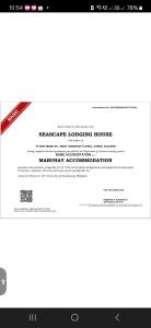 Certifikát, hodnocení, plakát nebo jiný dokument vystavený v ubytování Seascape Lodging House