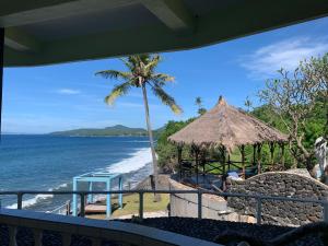 a view of a beach with a palm tree and the ocean at Villa Arjuna in Seraya