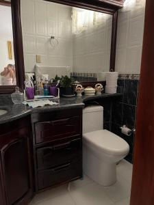 a bathroom with a toilet and a sink and a mirror at Apto Amoblado Paula Andrea 2 in Valledupar