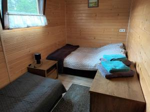 Ένα ή περισσότερα κρεβάτια σε δωμάτιο στο POLESKI DOMEK Z JACUZZI W Czarnym Lesie