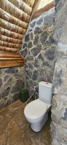 a stone bathroom with a toilet in a stone wall at Shamba Pori Lodge in Idulo