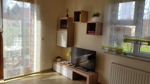 a living room with a flat screen tv and a window at Ferienwohnung Glückswiese in Tharandt