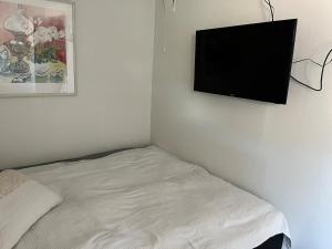 a bedroom with a bed and a flat screen tv on the wall at Leilighet i Lillehammer med gratis parkering in Lillehammer