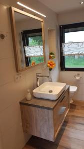 a bathroom with a sink and a mirror at Spreewaldferienhaus Kupa in Burg