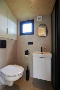 a small bathroom with a toilet and a sink at Tetris Tiny House in Den Bosch