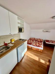a kitchen with two beds and a sink in a room at Bamboo Rooms - Studios in Štúrovo +17 photos