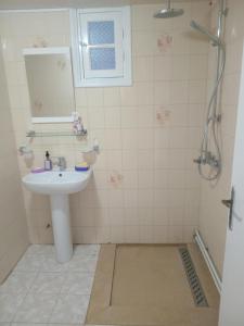 a bathroom with a sink and a mirror and a shower at La Sirène BENI KHIAR TUNISIE AFRIQUE in Beni Khiar