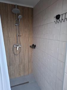 a shower in a bathroom with white tiles at Delta Sunrise in Somova