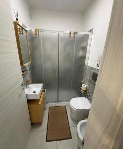 a bathroom with a shower and a toilet and a sink at Le Voyage Holiday Home Marzamemi in Marzamemi