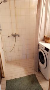 ein Bad mit einer Waschmaschine in der Dusche in der Unterkunft Saunallinen rivitalohuoneisto in Joensuu + 3 Fotos
