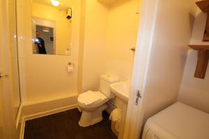 a man taking a picture of a bathroom with a toilet and sink at Studio Apartment in Bracknell in Bracknell