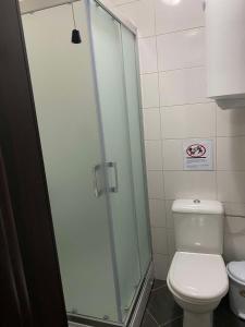 a bathroom with a toilet and a glass shower at Villa Mountain View in Janče +21 photos