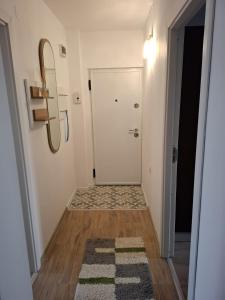 a hallway with a white door and a rug at Fantastic Place Petroșani in Petroşani