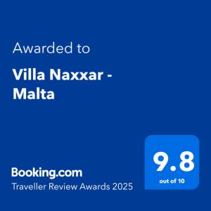Certifikát, hodnocení, plakát nebo jiný dokument vystavený v ubytování Villa Naxxar Malta