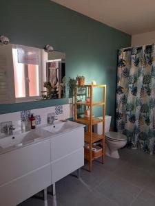 a bathroom with two sinks and a toilet and a mirror at Les Hirondelles in Puyoô +9 photos