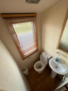 a small bathroom with a toilet and a sink at Swift Moselle 2 Bedroom Caravan Located in Uddingston, Glasgow at Maryville Caravan Site in Uddingston +22 photos