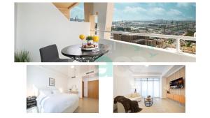 un collage di foto di una camera da letto e di un soggiorno di Luxury 1 Br Marina Near Tram Ain Sea View Balcony a Dubai Altre 27 foto