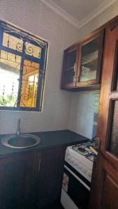 a kitchen with a sink and a stove and a window at Homeland Apartments in Arusha