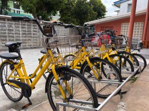 a row of yellow bikes parked next to each other at Papaya House Bangkok - Wat Arun in Bangkok Noi