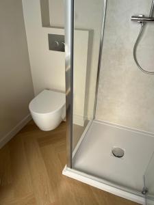 a shower stall with a toilet in a bathroom at Salty Breeze - Free Parking, quietly situated close to centre and beach! in Noordwijk +14 photos