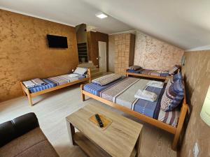 a room with three bunk beds and a couch at Apartments Nikolić in Soko Banja