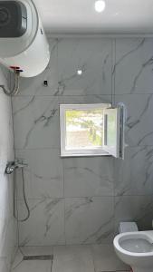 a bathroom with a shower and a toilet and a window at Bujtina Brahim Selimaj in Valbonë +83 photos
