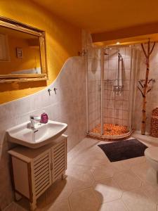 a bathroom with a sink and a shower at Ferienwohnung Gute Seele in Bad Lauterberg