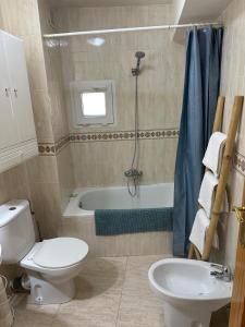a bathroom with a toilet and a bath tub at Vallespin Suite II in Ávila +17 photos