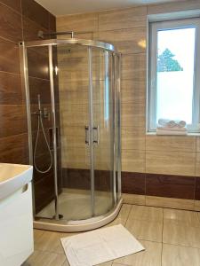 a glass shower in a bathroom with a window at Quota 850 in Tatranská Lomnica +78 photos