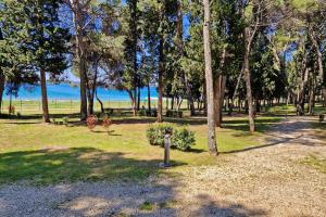 a park with trees and a fire hydrant in the grass at Mobile Home Kamp Pineta - IB Studio in Fažana