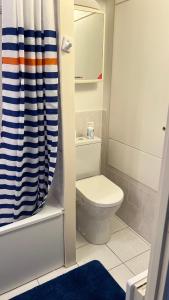 a bathroom with a toilet and a shower curtain at Le Jean Bart front de mer in Le Crotoy +16 photos