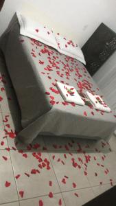 a bed with red hearts on the floor at 07 Residencial Lazzaris ap a poucos metros do parque in Penha