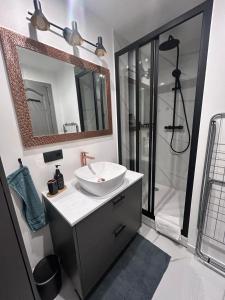 a bathroom with a sink and a shower with a mirror at Elegant seaside stay - Vitolu street apartment in Liepāja